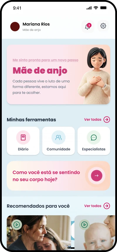 Tela inicial da jornada Mãe de anjo no app da Eva Maternidade